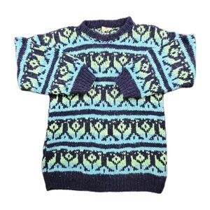 Vintage Rey Wear Hand Knit Wool Sweater Made in Ecuador Men's Large Blue Green